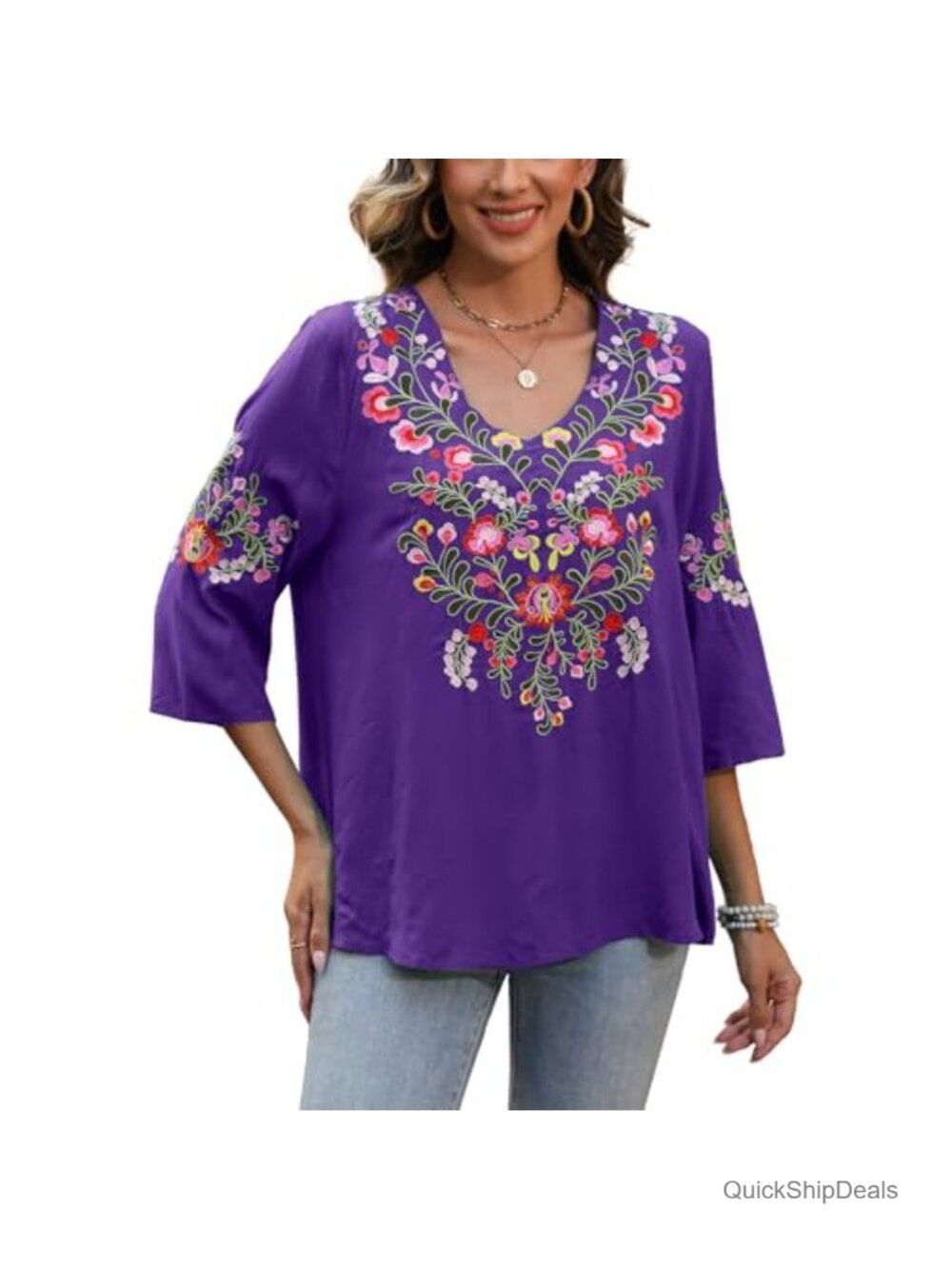 Mexican Embroidered Peasant Blouse 3/4 Sleeve 100% Cotton Boho Floral